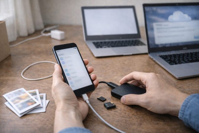 iCloudダウングレード前に外部退避と同期影響を確認し、安全に整理を始める日本人の手元イメージ