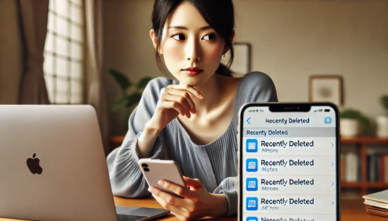 日本人女性がiPhoneでメモアプリの「最近削除した項目」フォルダを確認している様子。慎重に画面を見つめている