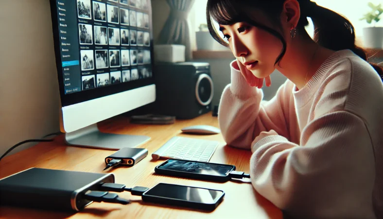 日本人がデスクに座り、スマートフォンをUSBケーブルでPCに接続しながら、外付けSSDに大切な写真や動画を転送している様子。落ち着いた作業環境で、安全なデータ保護を実践している場面。