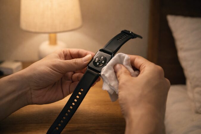 心拍が欠測する夜の対策として、日本人がスマートウォッチのセンサー面を拭いて装着条件を整える様子