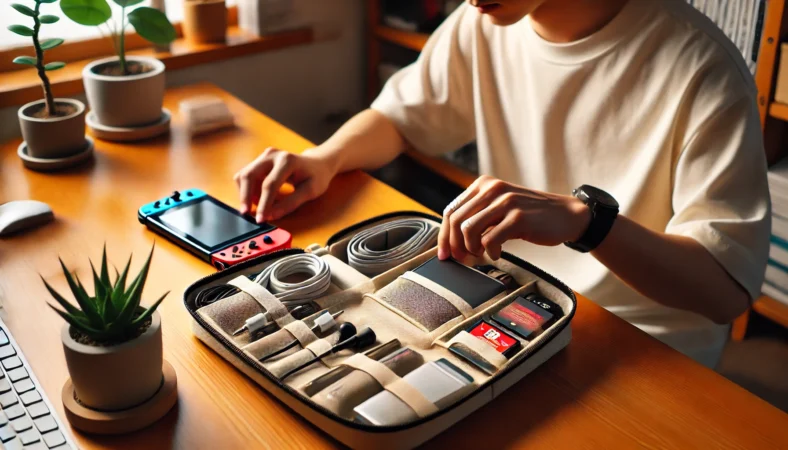 日本人が無印風のミニマルなポーチにNintendo Switch2用アクセサリーを整理収納している様子。ケーブルやmicroSDカード、イヤホンが仕切りごとに整然と収納されており、実用性と美しさを兼ね備えた空間が表現されている。