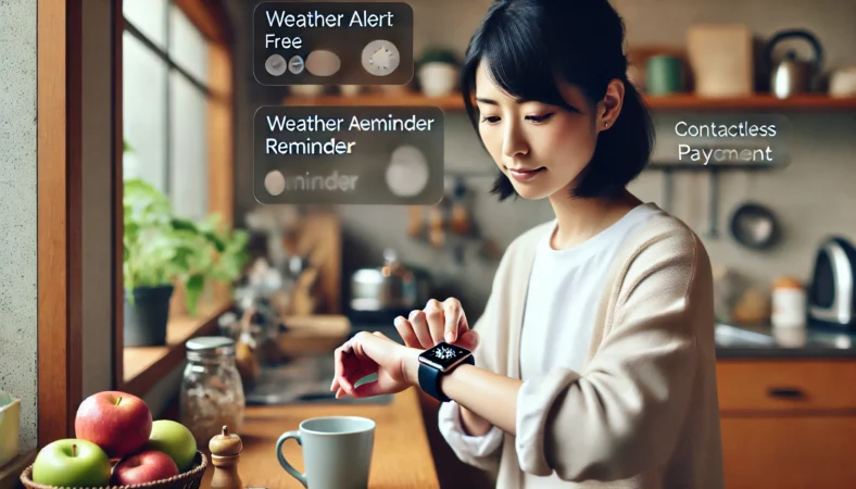 カフェでApple Watchを操作する日本人女性が、天気予報やリマインダー、非接触決済などの無料アプリを活用している様子。自然体で落ち着いた雰囲気が、生活に馴染むアプリの人気と実用性を表現。