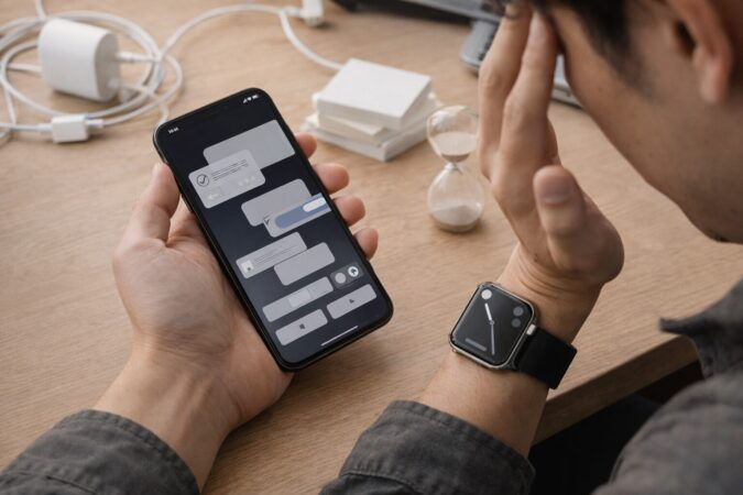 無料ダウンロードの手間や設定ステップ増加を示すスマートウォッチ設定中のデスク風景