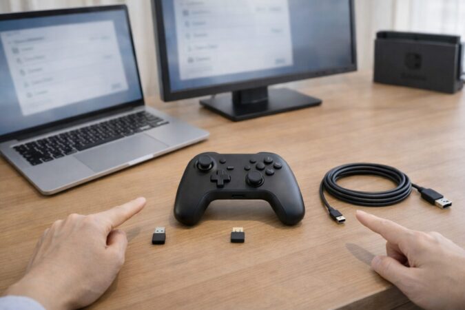 SwitchとPC兼用の無線コントローラーを選ぶために接続方式(Bluetooth・レシーバー・有線)を比較している机上の様子