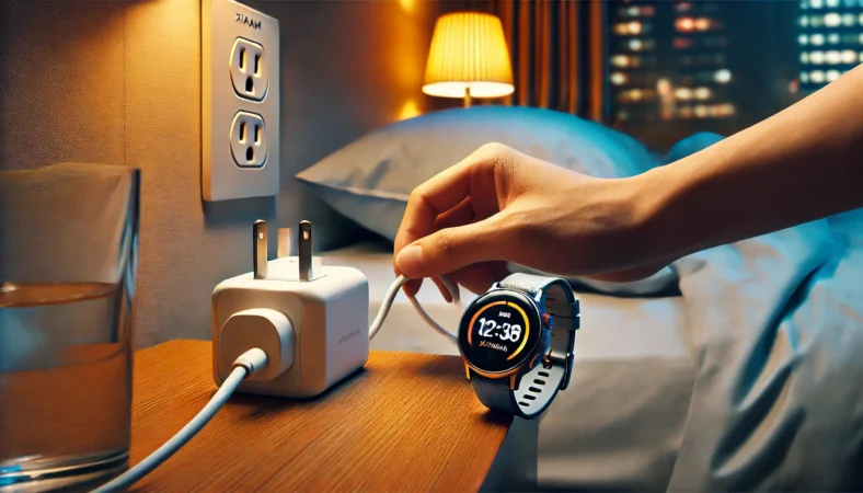 スマートウォッチを安全な場所で充電している日本人。ベッドやソファなどの布製品の上を避け、公式の充電器を使用している様子。