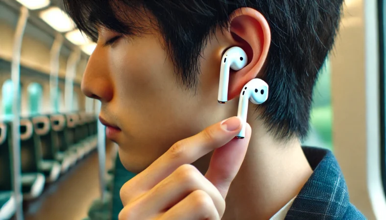 日本人のユーザーがAirPodsを左右の耳に入れ替えながら、片方だけのザーザー音の原因を切り分けている様子。落ち着いた室内での確認シーン。