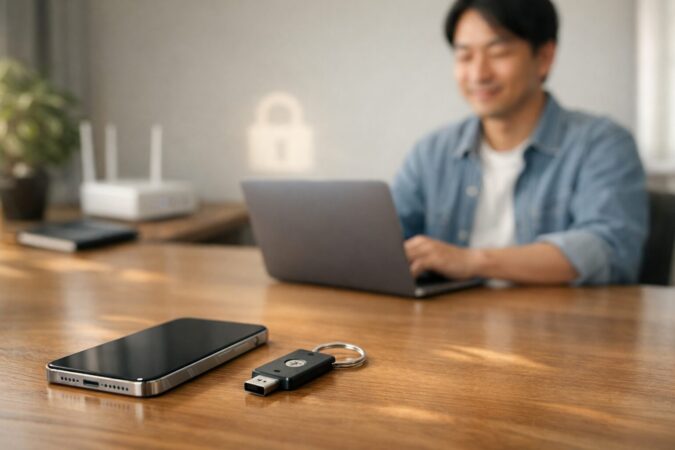 物理セキュリティキーとiPhoneを机上に置き、安心してログイン対策できる様子