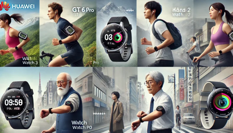 Huaweiスマートウォッチを用途別に使い分けている4人の日本人ユーザー。登山中の男性はGT 6 Pro、通勤中の女性はFIT 3、自宅で血圧を測る高齢男性はWATCH D2、市街地を歩く若者はBand 10を着用。それぞれの利用シーンに合ったスマートウォッチ活用例。