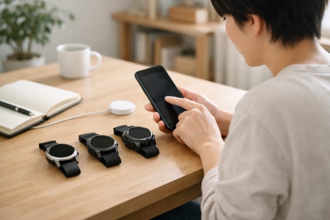 用途に合わせて複数のスマートウォッチを比較し、自分に合うモデルを選ぶ日本人の様子
