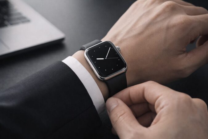 男性のスーツに馴染むモノトーン文字盤とバンドのスマートウォッチ手元イメージ