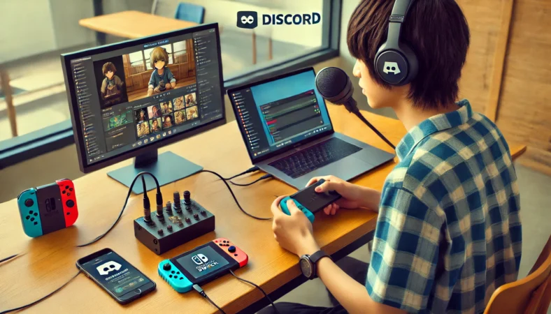 Nintendo Switchでゲームをプレイしながら、スマートフォンとノートPCを使ってDiscord通話と画面共有を行う日本人ティーンエイジャーのデスク環境。スマホは音声通話、PCは画面共有を担う外部運用の構成を表現。