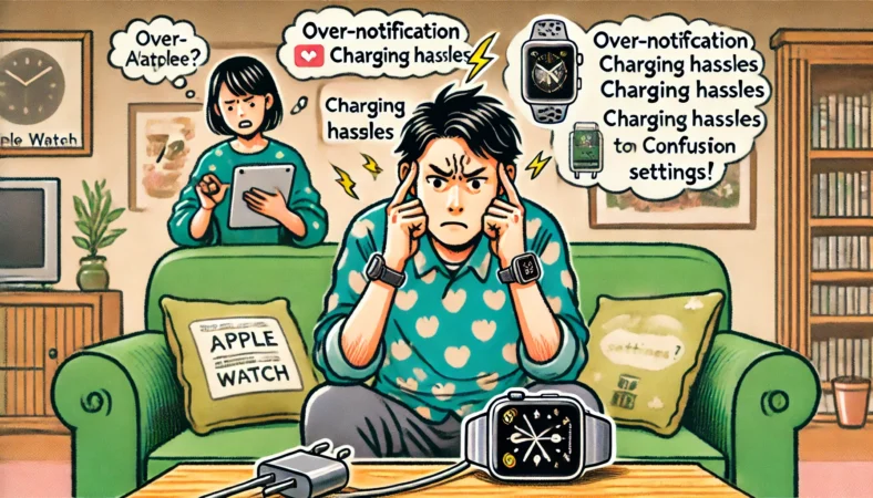 Apple Watchに対する不満を抱える日本人男女。男性はソファで通知と充電に苛立ち、女性は設定に戸惑っている様子。過剰な通知や充電の手間、使いこなせない問題が視覚的に表現されている。