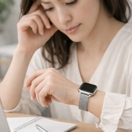 デスクで日本人女性がスマートウォッチのバンド調整をしながら悩みを整理しているイメージ