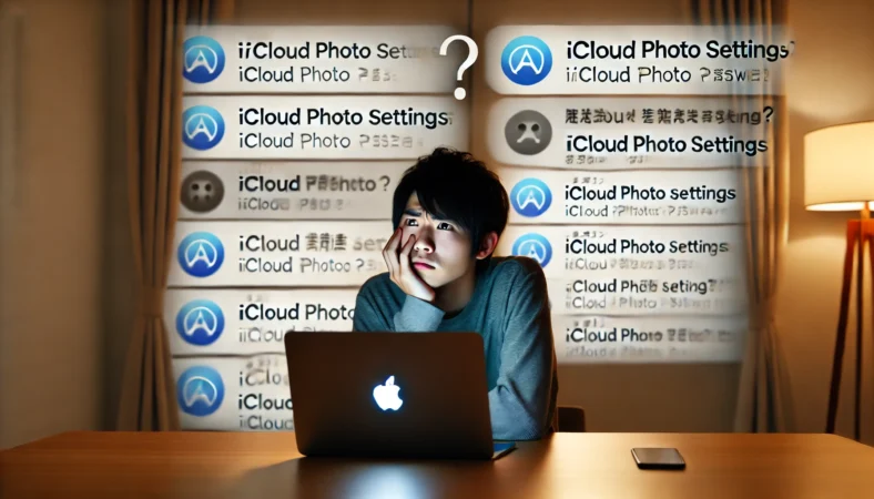 自宅のデスクで日本人がノートパソコンを見ながら困惑している様子。iCloud写真の設定に関する質問サイトで矛盾した情報を読んで混乱している場面を表現。