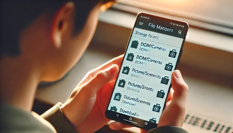 日本人がAndroidスマホでファイルマネージャーアプリを使い、DCIMやPictures、Downloadなどのフォルダを確認しながら写真の保存場所を調べている様子。