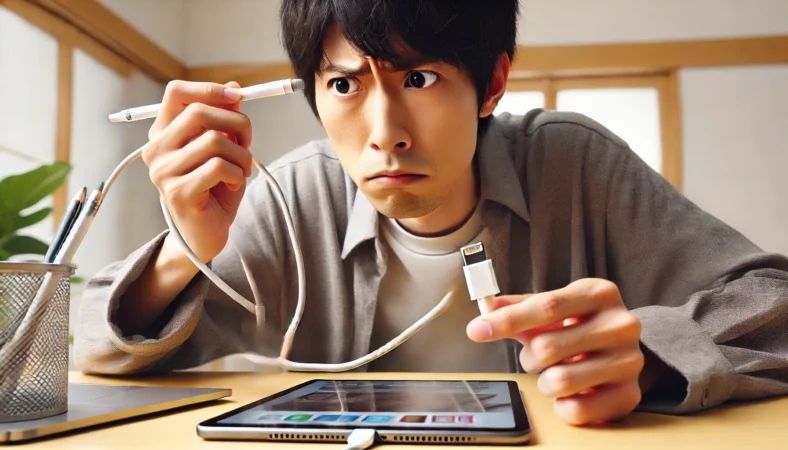 第1世代Apple PencilをUSB-C端子のiPadで充電しようとするも、必要な変換アダプタが手元になく困惑する日本人ユーザーがデスクで状況を確認している様子。