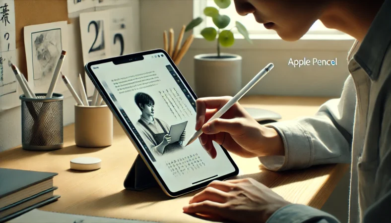 日本人ユーザーが第二世代Apple PencilをiPad ProまたはiPad Airで使用し、机上でスケッチやメモをしている様子。ペンは側面に装着されて充電中。自然光の入る作業環境で運用の快適さが伝わるシーン。