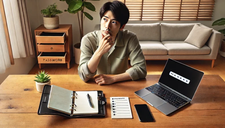 ノートやスマートフォン、パソコンを前にパスワード管理方法を考え込む日本人男性の様子