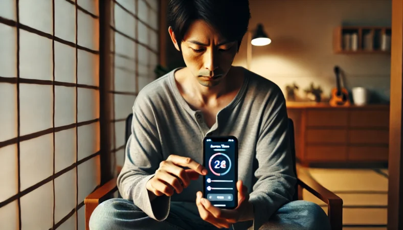 日本人男性が落ち着いた室内でiPhoneを操作し、スクリーンタイムやペアレンタルコントロールの制限によりアプリの解除ができず困惑している様子。