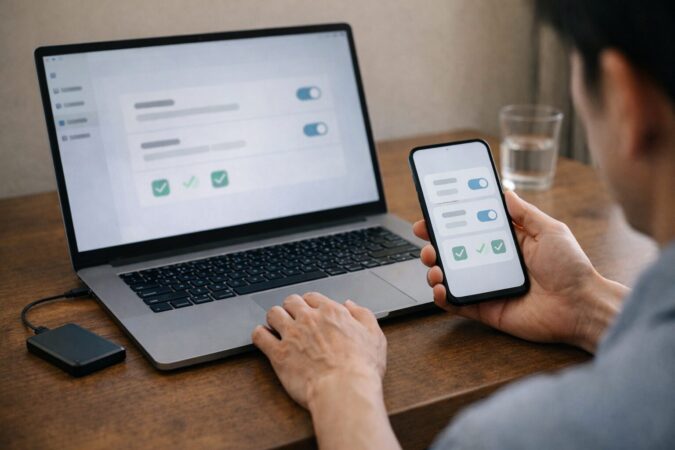 PCとスマホでバックアップや同期の停止状態を設定から確認している日本人のイメージ