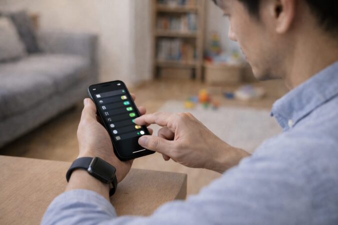 スクリーンタイムや管理制限でカメラ機能が制限されていないか、iPhone設定を見直す様子