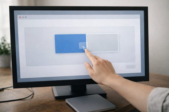ディスプレイ設定で2つの画面配置をドラッグして揃える操作イメージ