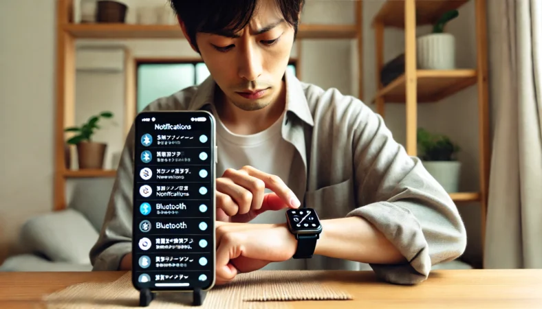 自宅でスマートウォッチの通知が来ない原因をスマホ設定から確認している日本人。通知許可やBluetooth接続の状態を慎重に見直している。
