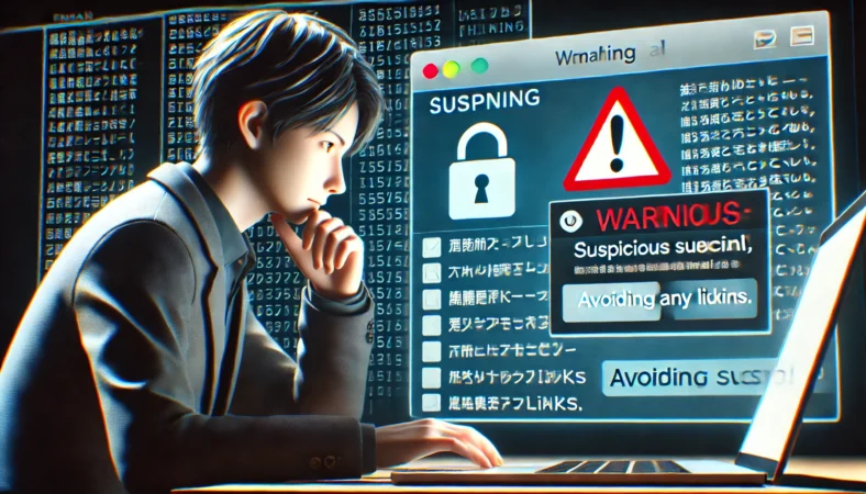 ノートパソコンで不審なメールを確認しながら、リンクをクリックせず慎重に対応している日本人。フィッシング詐欺への警戒を示す場面。
