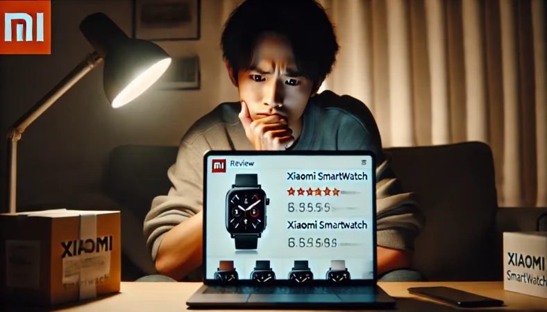 シャオミのスマートウォッチの購入を検討しながら、レビューを読み不安そうな表情を浮かべる日本人男性。画面には評価やレビューが表示されている場面。