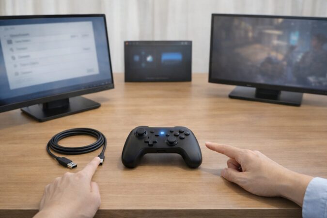 有線→入力確認→ゲームの順で切り分けてコントローラー未認識を解決する診断イメージ