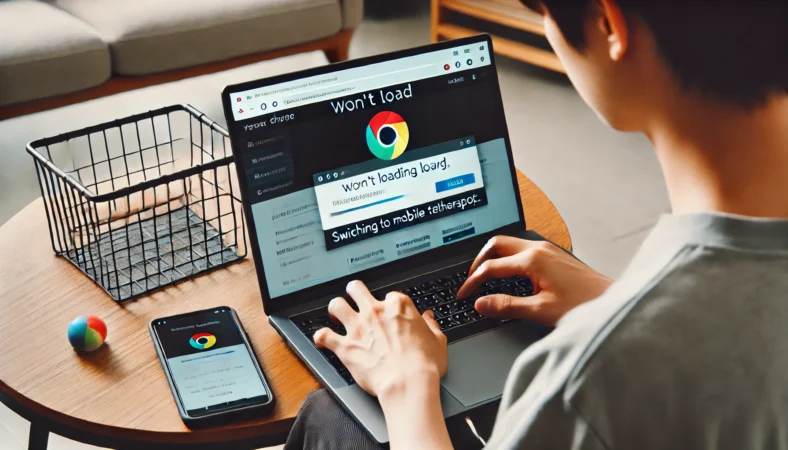 日本人ユーザーがChromeで読み込みが終わらないページに対して、スマホのテザリングを使って回線の切り分けをしている場面。