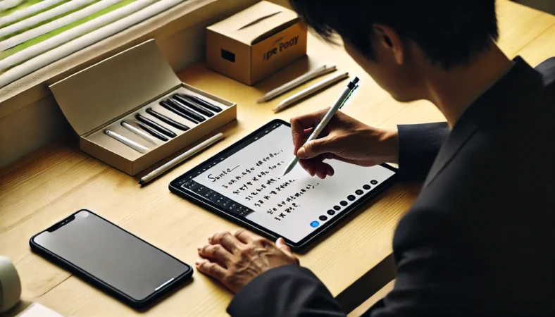 iPadとサードパーティスタイラスの使用感についてレビューを参照しながら確認している日本人ユーザー。ペンの使い勝手や対応可否を慎重に調べているシーン。