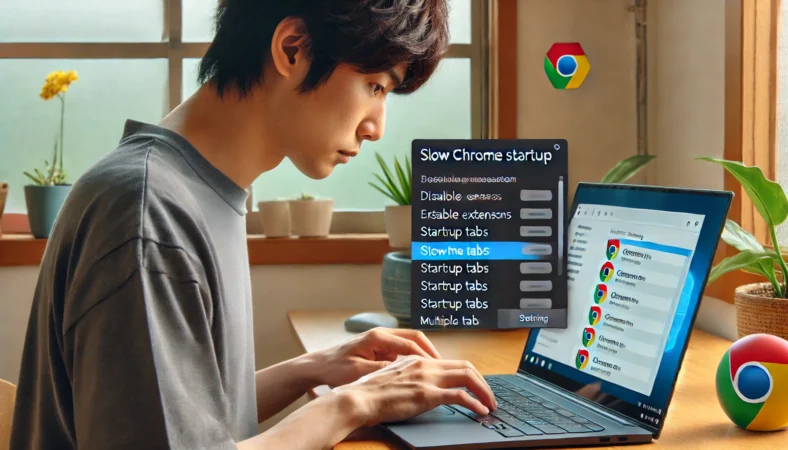 日本人ユーザーがWindows10ノートPCでChromeの拡張機能や起動タブを整理して、起動の遅さを改善しようとしている様子。