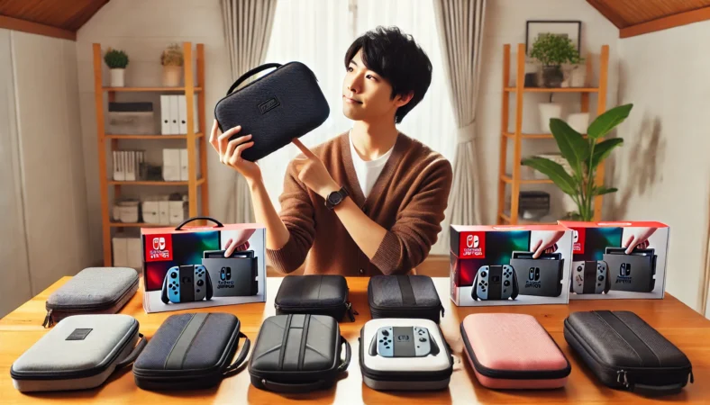 日本人が複数のSwitch2ケースから純正キャリングケースを選び、安心した表情を見せている様子。テーブル上にはソフトポーチやセミハードケースも並び、最終的な決断が下された場面が明るい家庭内で描かれている。