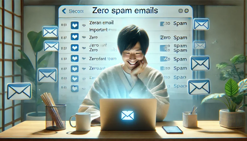 日本人ユーザーが迷惑メールのないクリーンな受信トレイを見ながら安心した表情でiPhoneを操作している様子。ストレスのないデジタル環境を象徴するシーン。