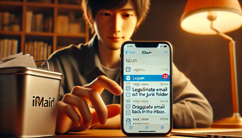 日本人ユーザーがiPhoneでiCloudメールの迷惑フォルダから正当なメールを受信トレイへ戻している様子。誤判定の修正による迷惑メール防止設定の一環。
