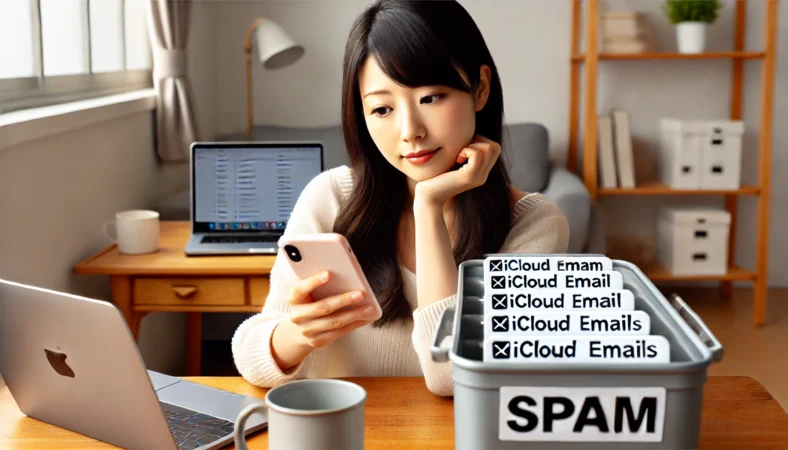 日本人女性が自宅のデスクでスマートフォンを使い、iCloudメールで迷惑メールを整理している様子。整った作業環境と真剣な表情が、効率的な迷惑メール対策の優先順位を象徴している。