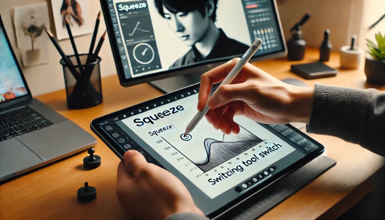 Apple Pencil Proのスクイーズや触覚フィードバックなどの新機能を活用しながら作業を進める日本人ユーザー。効率化された環境で集中している様子。