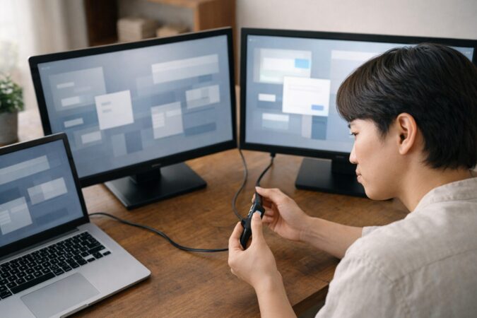 スリープ復帰などで左右が逆になったデュアルモニターを接続確認しながら直す様子