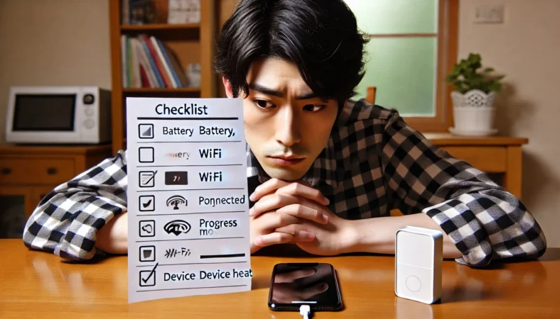 iCloud復元を中断すべきか悩む日本人男性が、チェックリストを前に考え込む様子。iPhoneは充電とWi-Fi接続中で、冷静な判断をしようとしている。