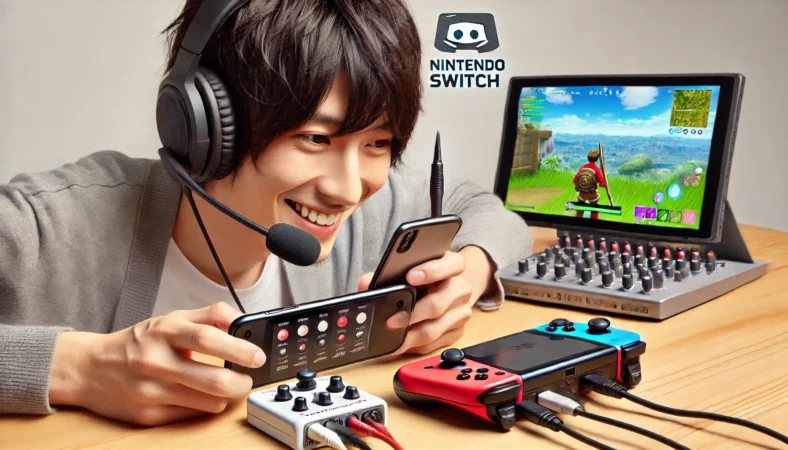 スマートフォンに接続したヘッドセットでDiscord通話をしながら、Nintendo Switchでゲームをプレイする日本人ユーザー。そばには小型オーディオミキサーがあり、ゲーム音と通話音を同時に聞ける構成が整っている快適な通話環境を表現。