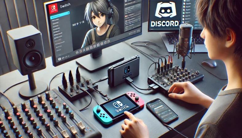 Nintendo Switchからの映像をPCにキャプチャしてDiscordで共有するために、スマホとキャプチャーボードを接続して設定中の日本人ティーンエイジャーの作業風景。