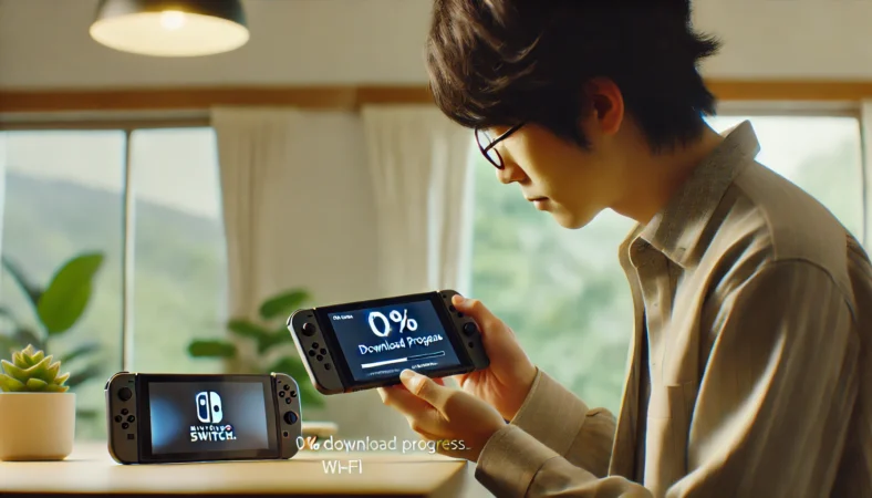 Switch2のダウンロードが0%から進まず、ネットワーク設定や保存先の問題を確認している日本人ユーザーの室内シーン