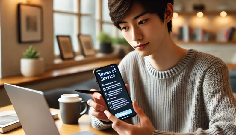 クローンアプリの利用規約や安全性をスマートフォンで確認している日本人ユーザーが、慎重に操作する様子