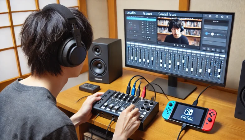日本人男性がOBS Studioの音声ミキサー設定を確認しながら、Nintendo Switchの音声トラブルを対処している様子。ヘッドホンを装着し、キャプチャーボード経由でSwitchを接続している。