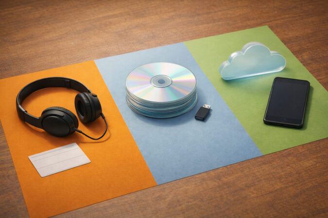 購入曲・CD取り込み音源・サブスク/クラウドの3種類で音楽を整理する概念イメージ