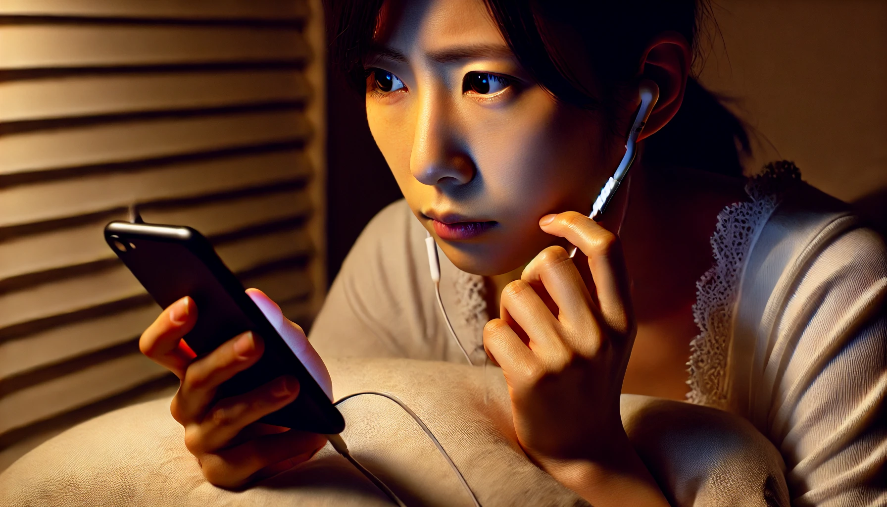 ベッドでiPhoneに有線イヤホンを接続し、音が大きすぎて不快そうにしている日本人の若者。夜の室内で薄暗い照明に包まれた静かなシーン。