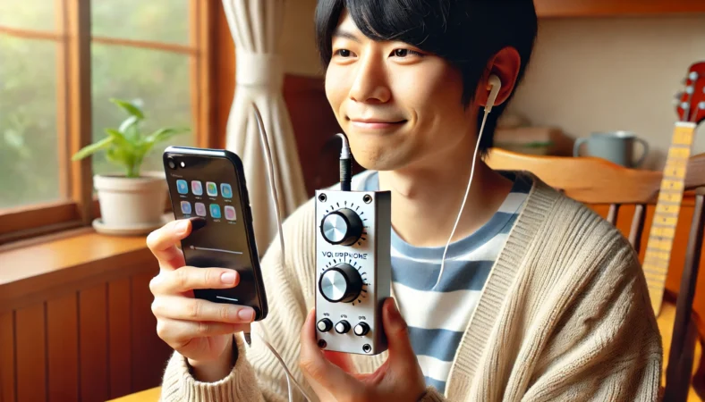 減衰器を介して有線イヤホンをiPhoneに接続し、快適そうにリラックスしている日本人。室内の落ち着いた雰囲気の中、音量問題が解決された様子。