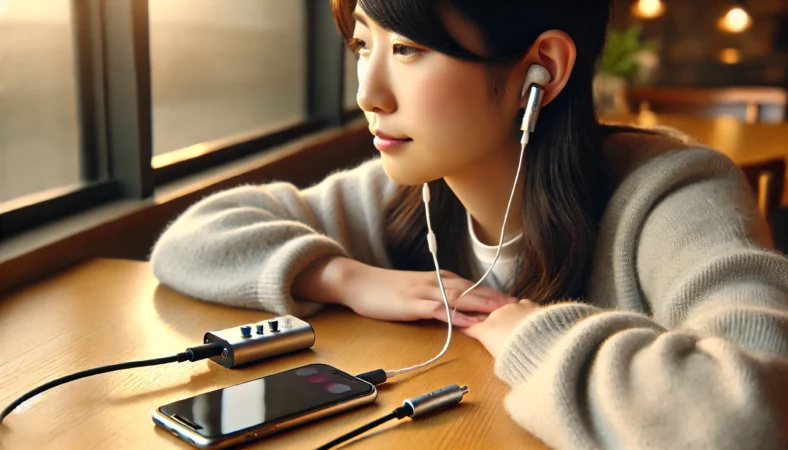 減衰器とUSB-Cアダプタを介してiPhoneに有線イヤホンを接続し、静かな室内で快適にリスニングしている日本人の様子。リラックスした表情が音量問題の解決を表している。