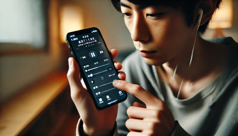 音楽再生中のiPhoneで音量設定を確認している日本人。現代的な室内で集中した表情をしている。